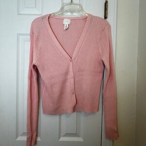 HM Pink Ribbed Knit V-Neck Button Down Cardigan Sweater Womens Large
